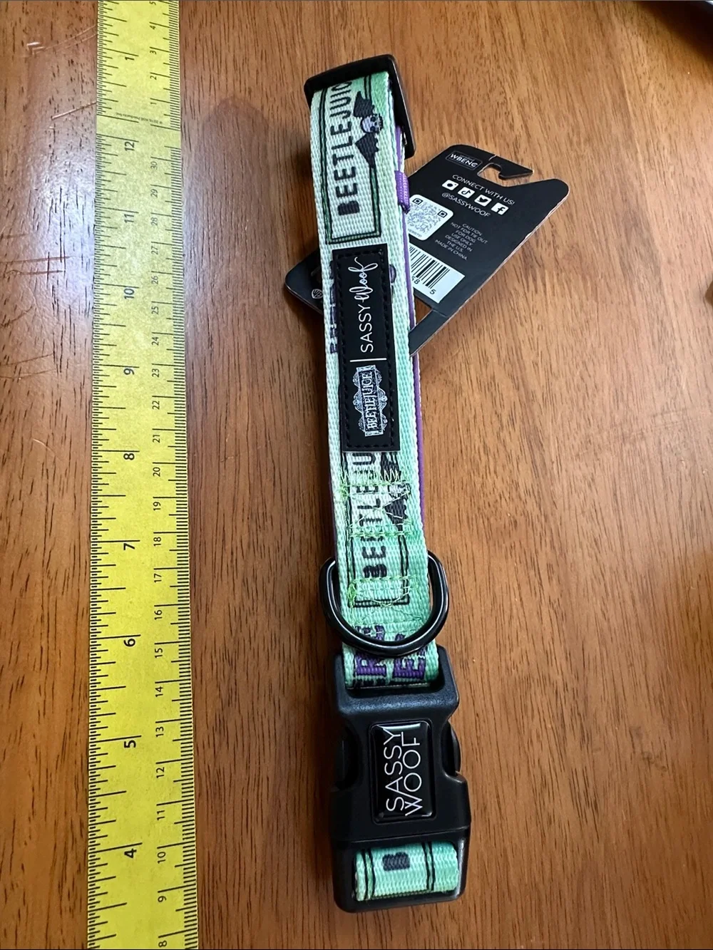 Beetlejuice Sassy Woof Adjustable Dog Collar - Mint & Purple size Large